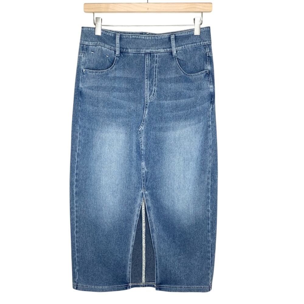Halara Denim Midi Skirt M Blue High Waist Bodycon Pencil Stretch Flex Split NWT